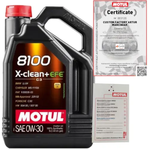Dostępne od ręki MOTUL 8100 X-CLEAN+ EFE 0W30 5L BMW LL-04 VW 504 00 507 00 MB 229.52 + ZAWIESZKA